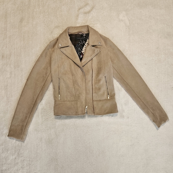NEW Tommy Hilfiger Leather Suede Beige Biker Jacket Size XS Neutral Moto Luxury - Picture 2 of 9